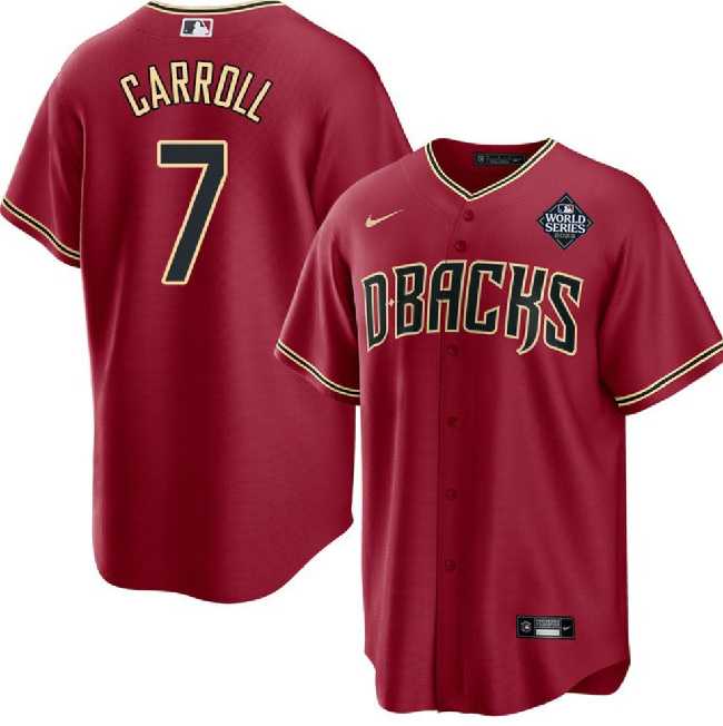 Mens Arizona Diamondbacks #7 Corbin Carroll Red 2023 World Series Cool Base Stitched Jersey Dzhi